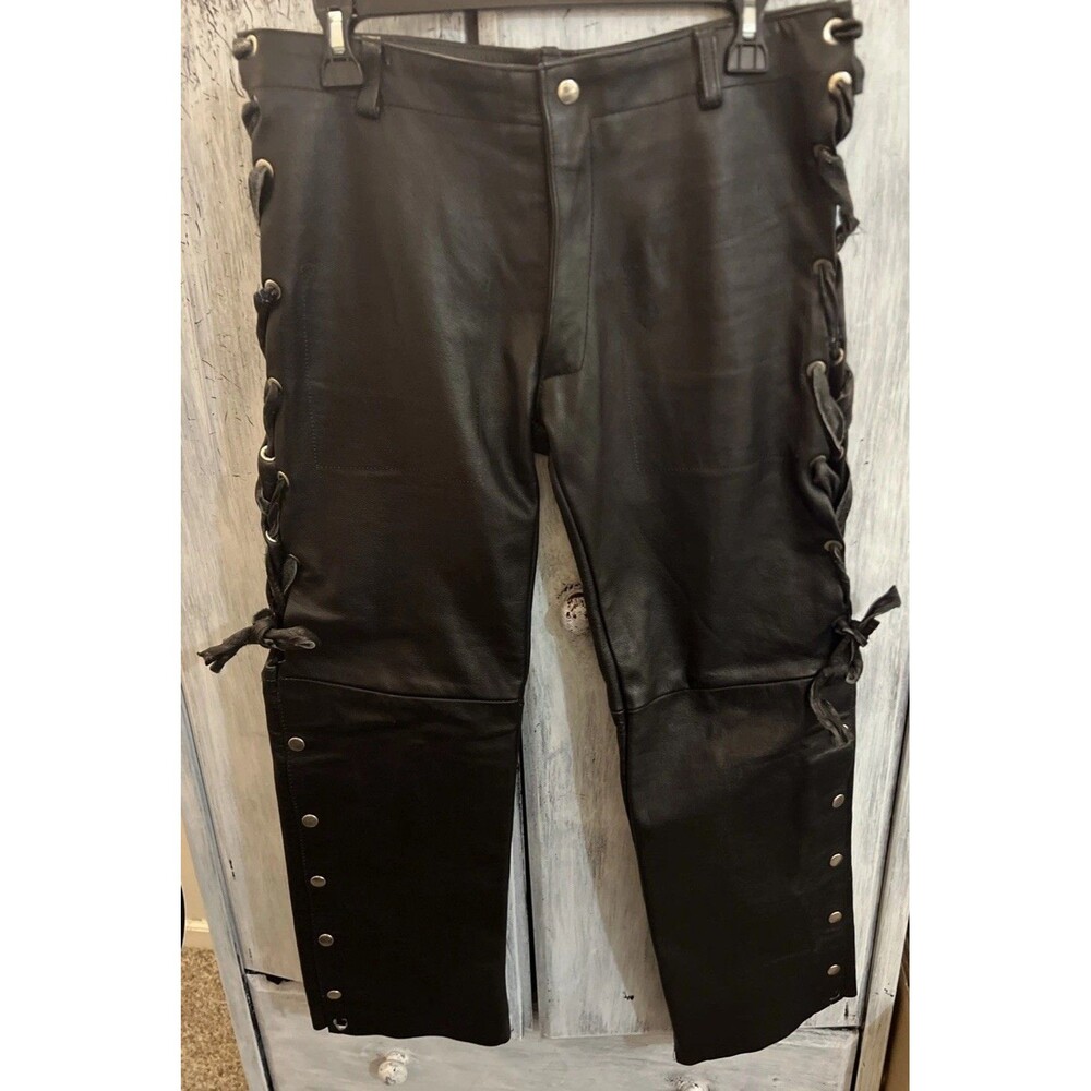 Leather tie side snap bottom ladies pants Black